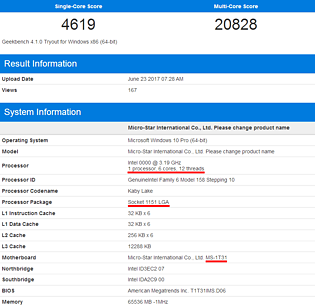 Intel "Coffee Lake" auf Sockel-1151-Mainboard @ Geekbench-Datenbank